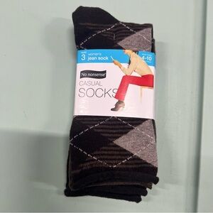 NWTWomen’s No Nonsense Casual Jean Socks Brown 3 Pairs Shoe Size 4-10 Argyle